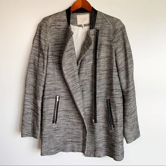 Maje Circus Grey Tweed Linen Blend Leather trim Jacket - Picture 3 of 8